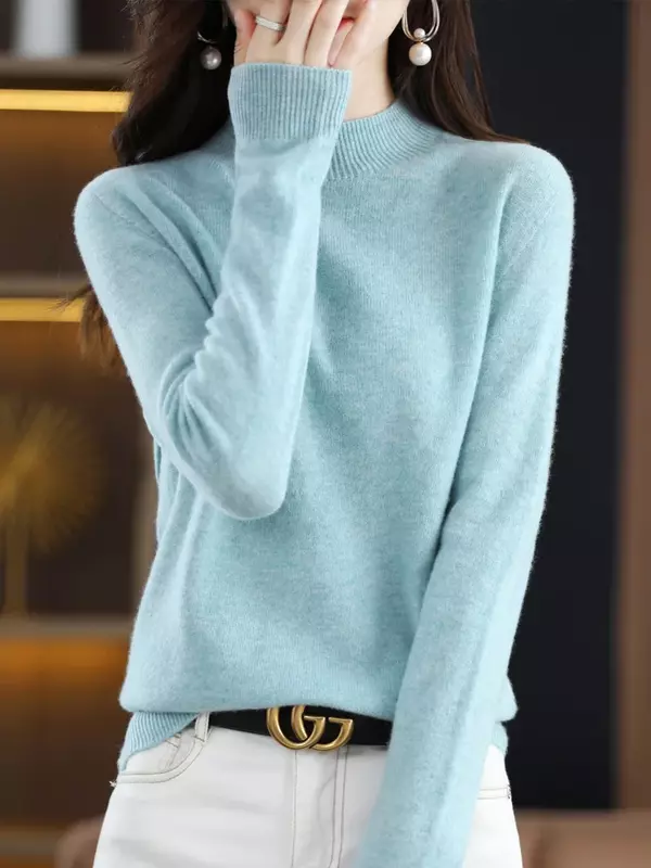 Fashion Basic Autumn Winter Soft Long Sleeve 100% Merino Wool Sweater Solid Color Mock Neck Pullover Cashmere Clothing Tops