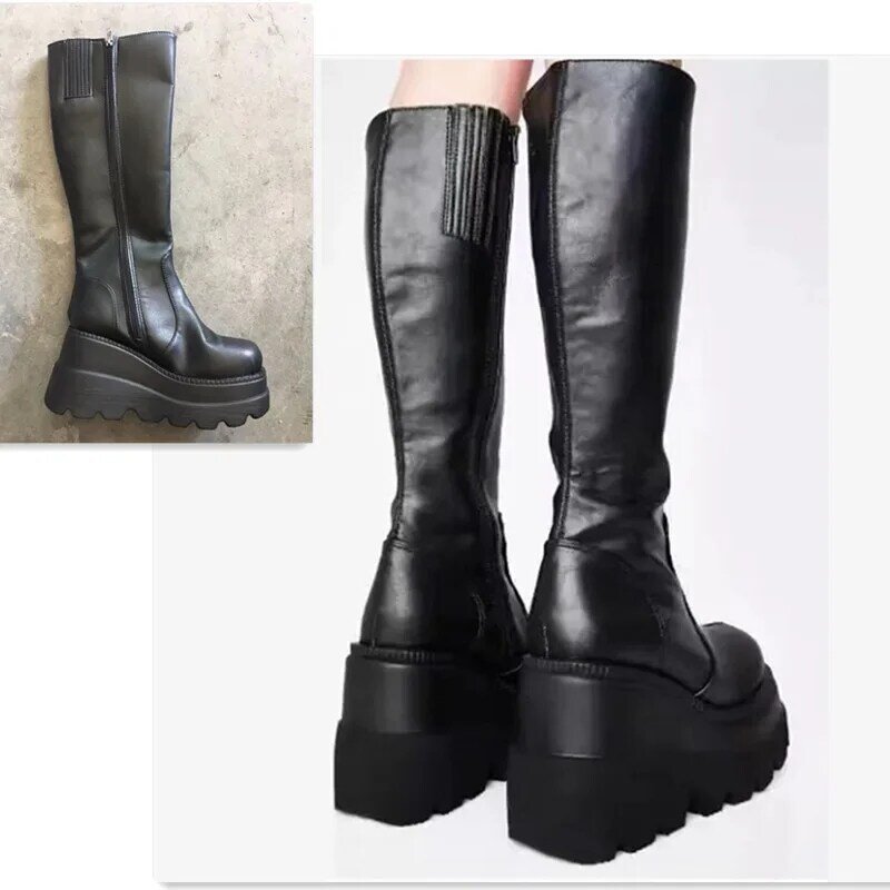 Punk Women Platform Boots Elastic Microfiber Chunky Heel Mid-calf Ladies Boots 2024 Spring Autumn Brand Black Goth Women Shoes