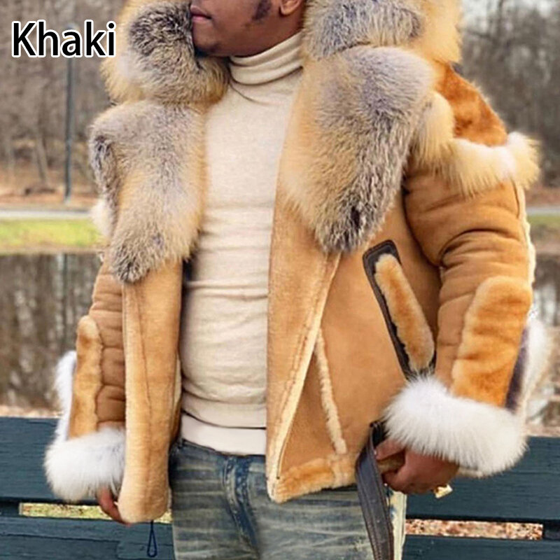 Uomo inverno caldo parka giacche da moto cappotto tascabile in pelliccia sintetica imbottito in pelle scamosciata moda