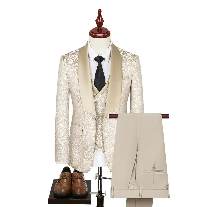 (Frühling 2024) Hochzeits mode (Anzug Weste Hose) Mode dreiteiliges Brautkleid mit High Density Jacquard Polyester