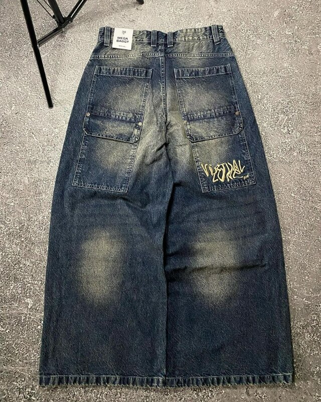 Y2k Trendy High Street Large Pocket Straight Trousers Men  American Print Oversized Jeans Harajuku Casual Wide Leg Pants Women