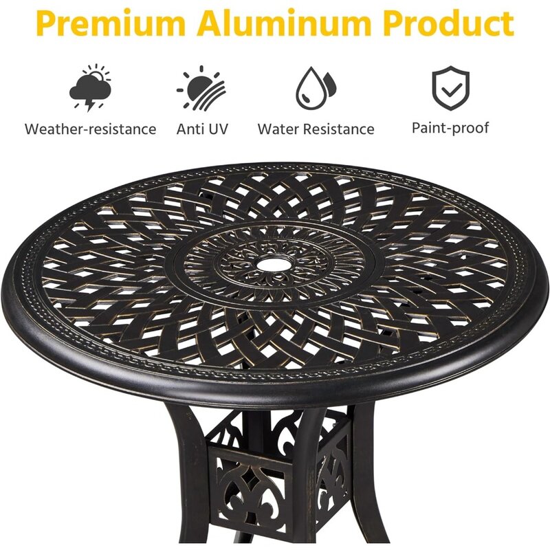 31in Cast Aluminum Patio Table with Umbrella Hole, Outdoor Round Anti-Rust Small Table with Umbrella Hole