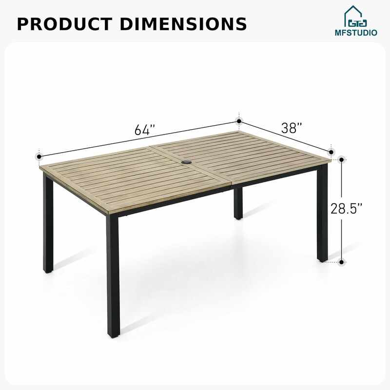 Rectangle Outdoor Dining Table, Patio Furniture Wood-Like Tabletop with Adjustable Umbrella Hole for Deck,Backyard,Lawn,Garden
