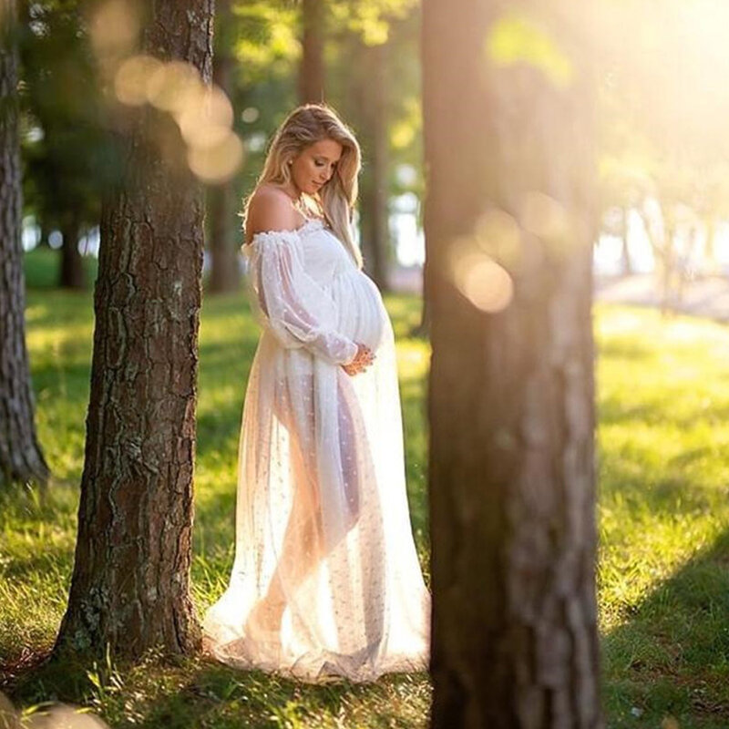 Suknia fotograficzna ciążowa jednorzędowa bez ramion przezroczysta koronkowa sukienka Baby Shower sesja zdjęciowa dodatki do sukni ślubnej