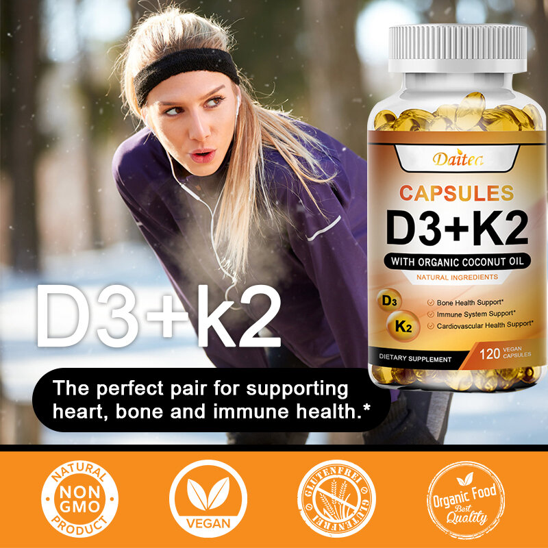 Gli integratori vitaminici K2 + D3 supportano la densità ossea, i denti e la pelle, la salute del cuore e supportano l'immunità.
