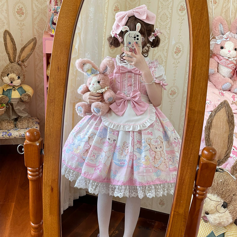 Doce vestido de Lolita com arco de avental, babados sem mangas, vestido de camisola feminino macio, impressão de coelho e urso, JSK
