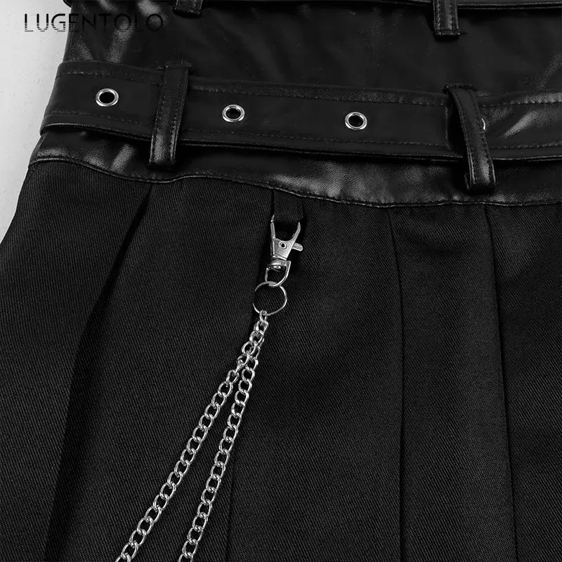 Lugentolo rok lipit Punk untuk pria, rok tari baru modis rantai hitam asimetris bergaya gotik, Rok lipit Punk gelap untuk pria