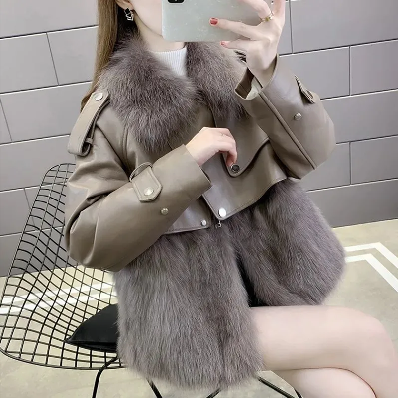 Jaqueta de pele casual de costura alta feminina, sobretudo outono inverno, moda grossa solta, casaco de pelúcia de pele raposa imitação, curto outwear