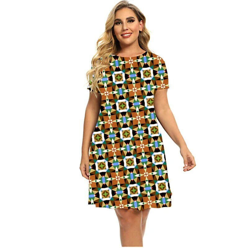 Mode-Design-Muster Drei-dimensional Geometrie Kleider Für 2023 Frauen Rundhals Kurzarm Kleid Sommer Plus Größe Kleidung