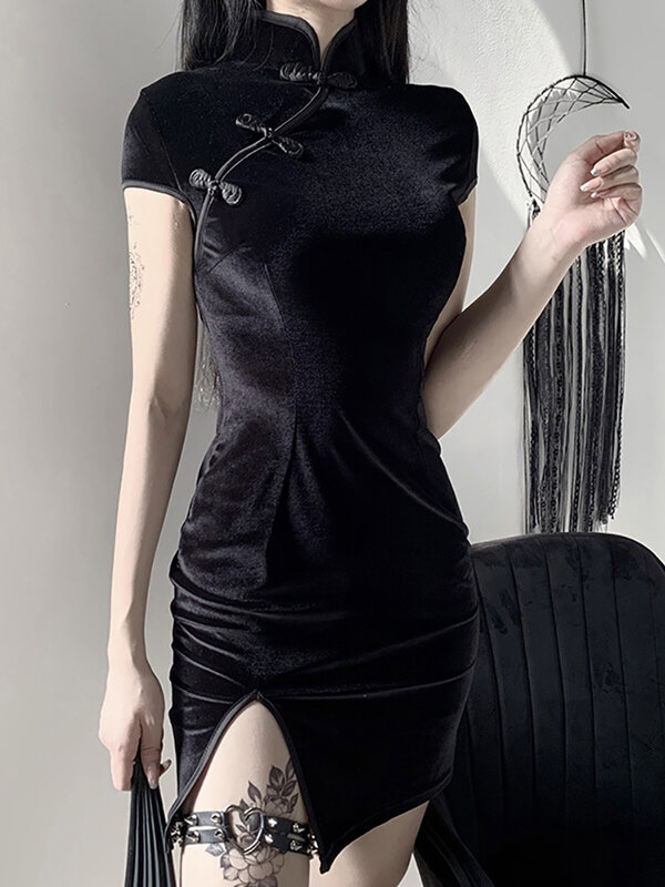 Женское платье в китайском стиле, готическое облегающее мини-платье Чонсам, летнее винтажное черное платье в стиле Харадзюку, 2019