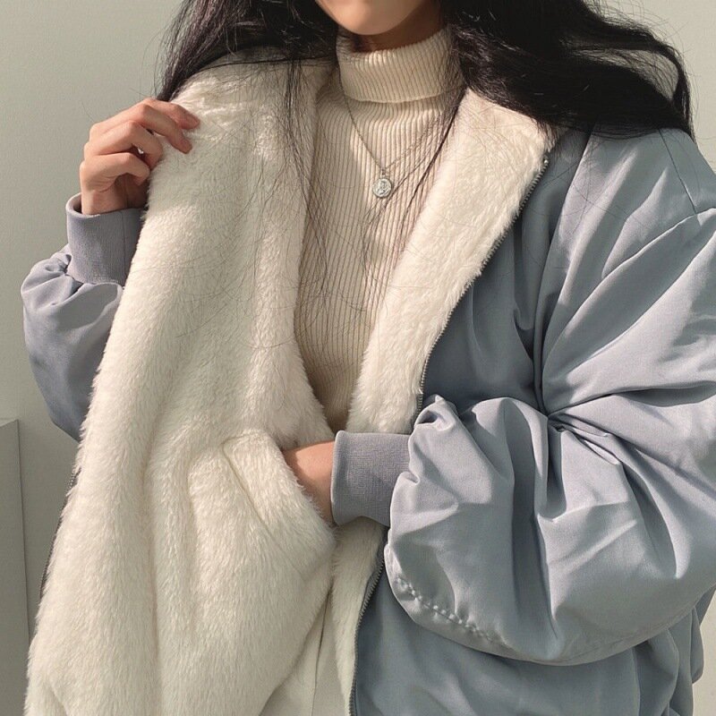 Jaket Korea mampu dipakai pada kedua sisi musim gugur musim dingin mantel tebal Atasan Wanita mahasiswa gadis kasual hangat jaket berkerudung