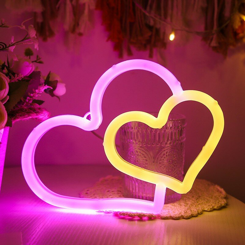 Double Love Neon Signs LED Night Light,USB, Alimentado por pilhas, Iluminação atmosférica, Aniversário, Sala de estar, Jardim, Pátio, Decoração