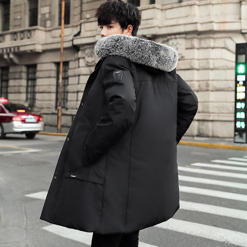High Quality 2023 Winter Fur Collar Hooded Duck Down Jacket Men's Solid Color Mid-Length Puffer Coat Windproof Thick Warm Parkas