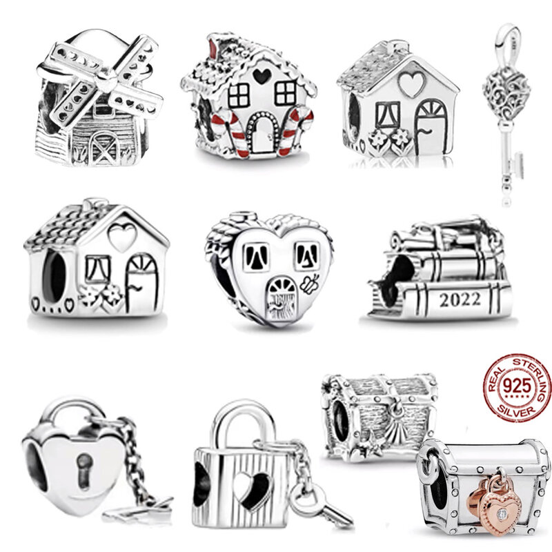 Pandora 925 contas de prata charme para as Mulheres, se encaixa original pandora pulseira, colar, coração feliz, casa cadeado, chave, dangle, moda jóias, novo