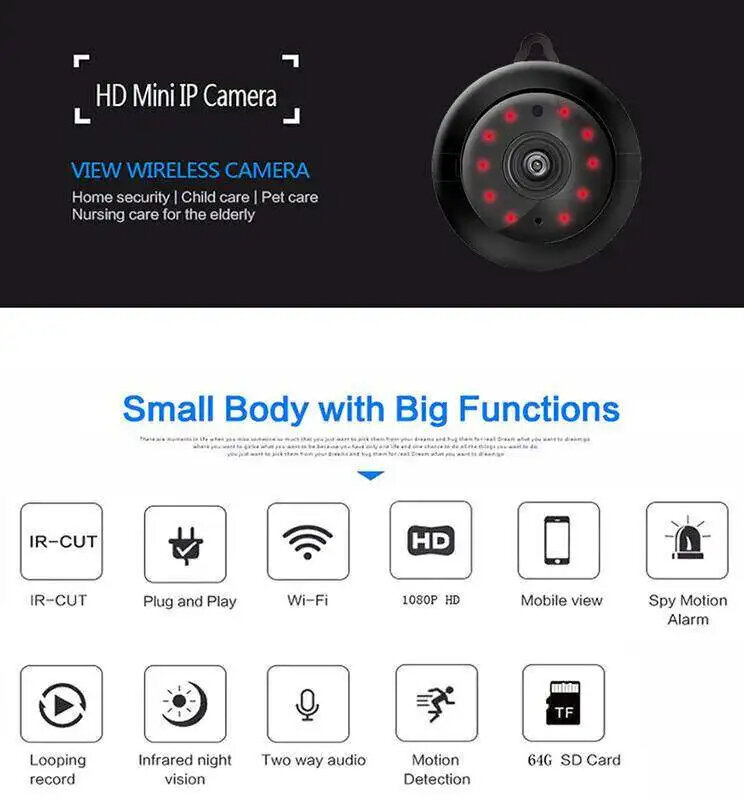 Mini Câmera IP sem fio infravermelho Night Vision, CCTV pequeno, WiFi, 1080P, Detecção de movimento, Slot para cartão SD, Áudio App, Segurança doméstica, V380