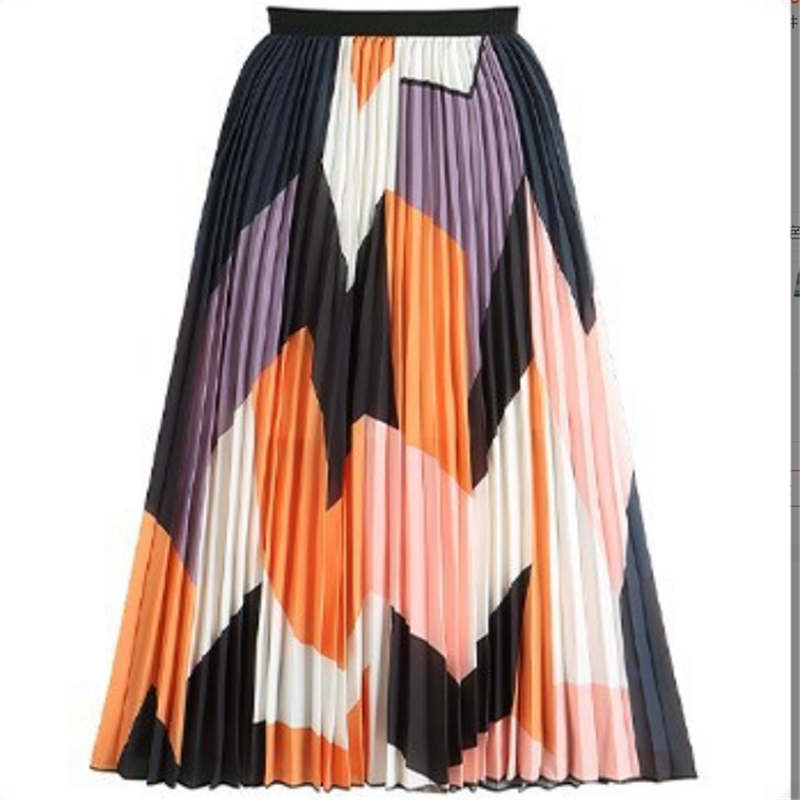 Vintage Digital Print Skirt Women's Summer 2024 SPring High-Waisted Slimming Mid-Length A-Line Pleated Skirt