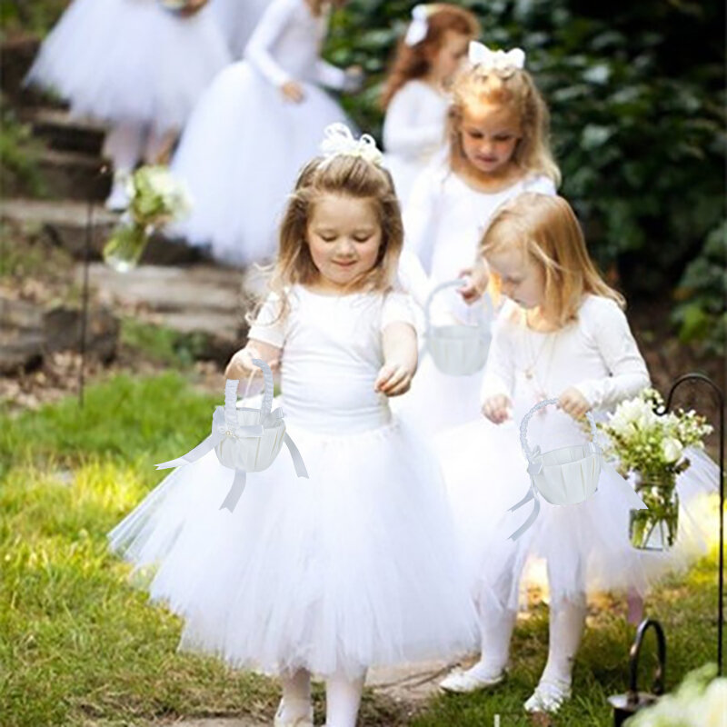 Cesta de seda manual para noivas e crianças, cesta de flores brancas para meninas, cerimônia de casamento e decoração de festas 20 cm