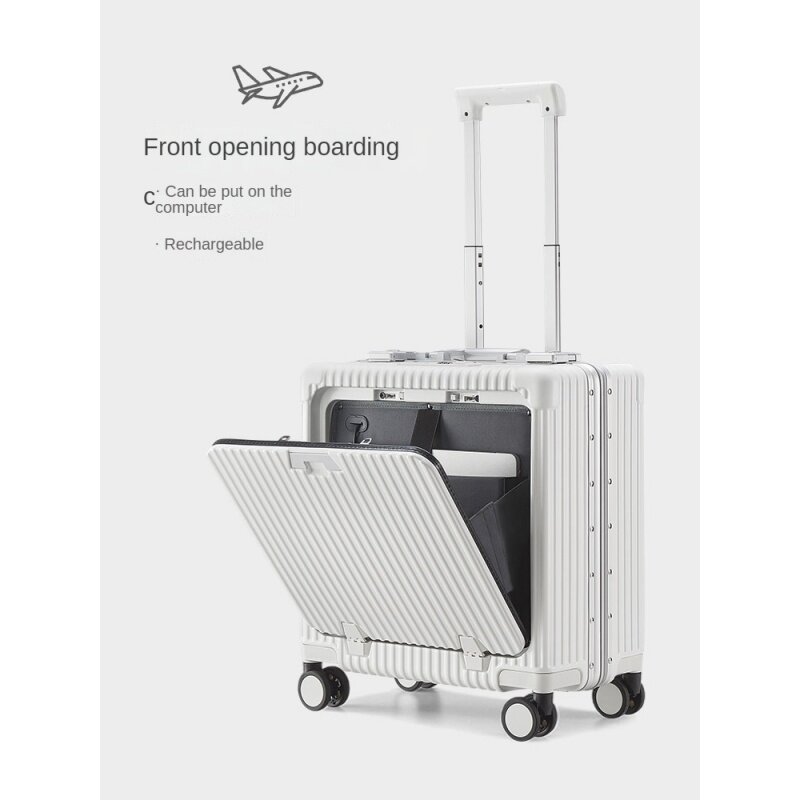 18-Inch Suitcase Boarding Multi-Function Luggage Front Fastening Aluminum Frame Password Luggage Trolley Case With phone holder