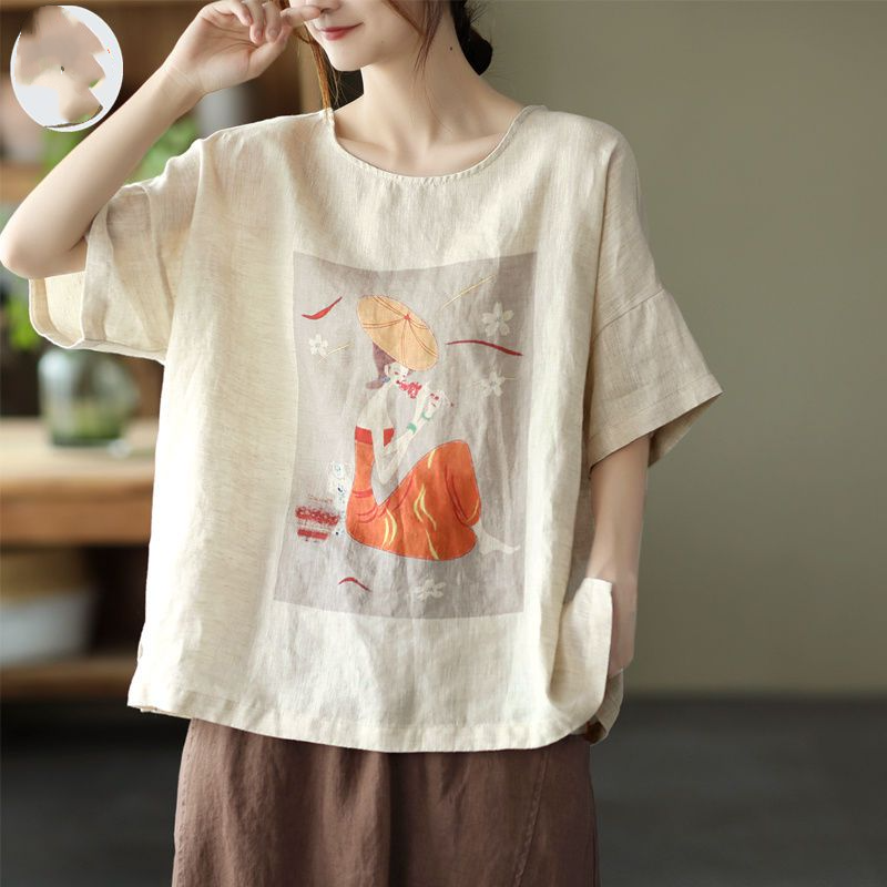 Jerseys Vintage para mujer, camiseta informal holgada de media manga con cuello redondo y estampado de espiga, combina con todo, novedad de verano 2024