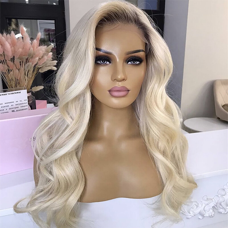 Ombre Ash Blond koronkowa peruka na przód ludzkie włosy ciemne korzenie brazylijskie 13x6 ludzkie włosy peruki dla kobiet luźne ciało fala HD przezroczyste 360
