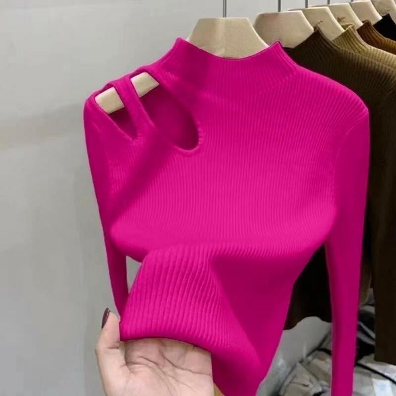 Suéter de Cuello medio alto de punto para mujer, Top elástico elegante, Jersey ajustado de Color sólido, Top suave y cálido para invierno