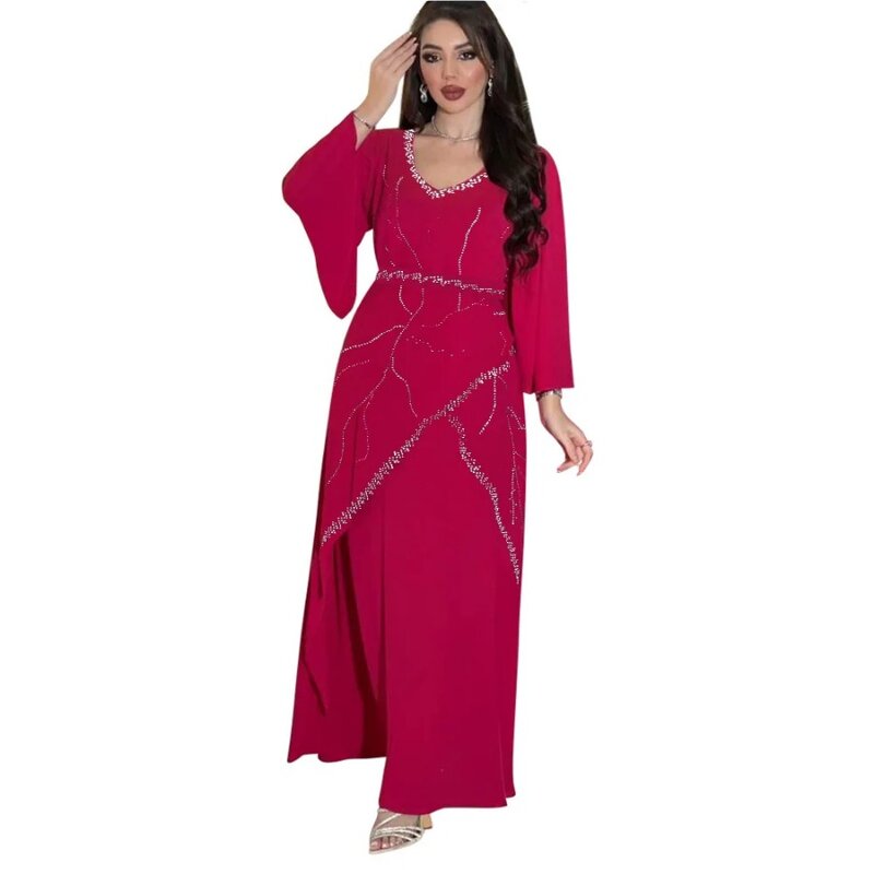 Chifffon Dress Shiny Diamonds Printed Abaya for Women Muslim Gown with Belt V-neck Jalabiya Kaftan Robe Fashion Vestidos Arabic
