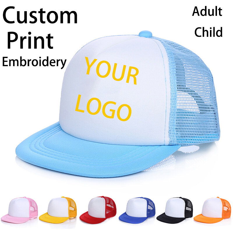 Gorra de béisbol con logotipo personalizado para niños, gorro de camionero con diseño personalizado, 100% poliéster, malla en blanco, 1 unidad