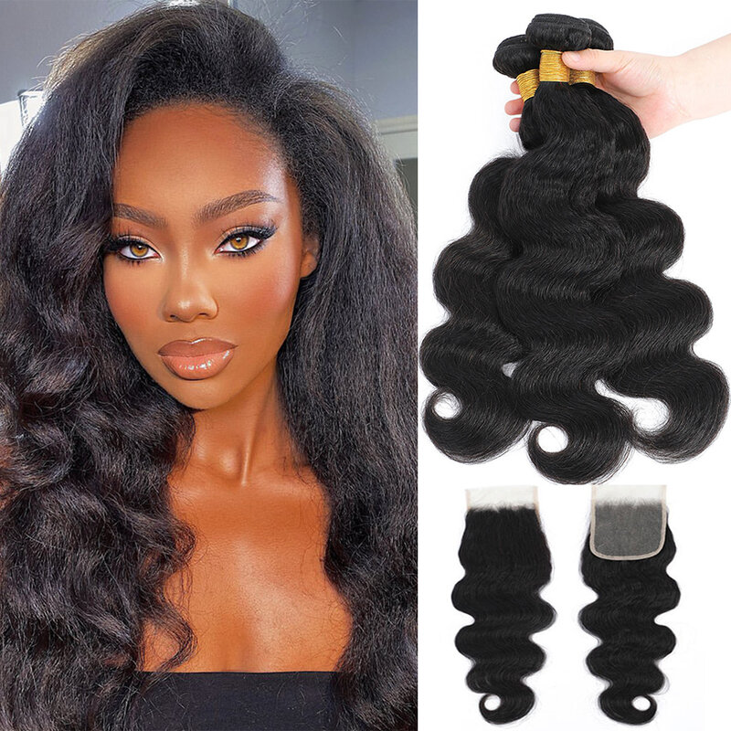 DreamDiana 100% Malaysia Hair Yaki Body Wave Bundles With Closure 4Pcs Ombre Kinky Wave Hair With Closure Remy Afro Hair Texture