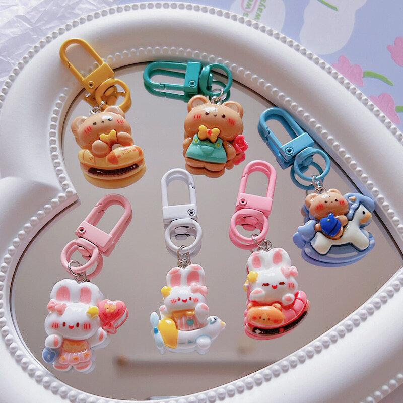 LLavero de conejo de oso de dibujos animados Kawaii para niñas, llavero de coche, lindo colgante de bolso, encanto de mochila