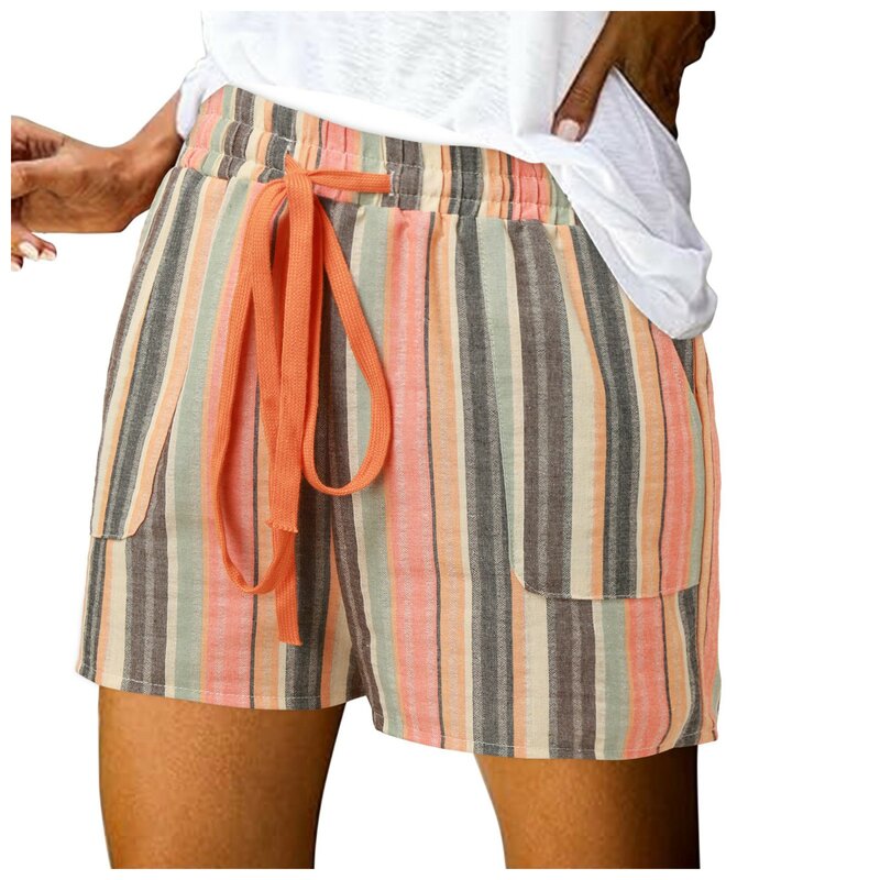 Sommer lässig gestreifte bedruckte kurze Hosen für Frauen weiche hohe Taille Taschen Hosen weibliche Kordel zug weites Bein Strand kurze Hosen