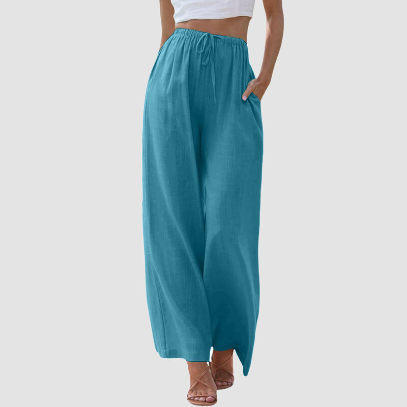 Pantalones informales bohemios para mujer, pantalón holgado Vintage sólido básico con cordón, cintura alta, pierna ancha, pantalones cómodos de playa para verano