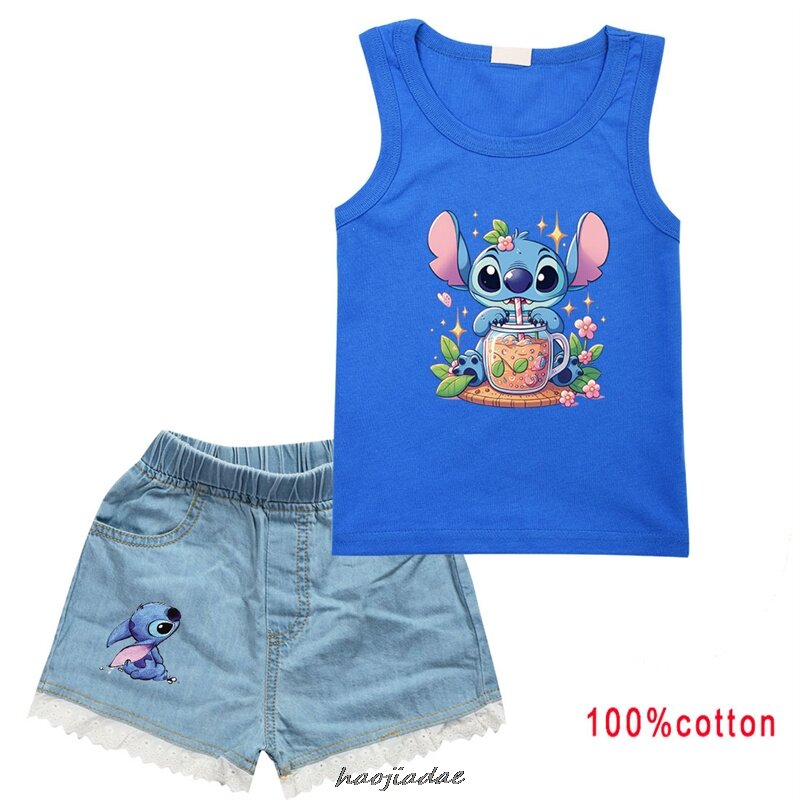 Lilo & 스티치 스포츠 의류 세트 어린이 패션 레저 민소매 소녀 조끼 및 데님 티셔츠 2 개 세트, 어린이 여름 의류