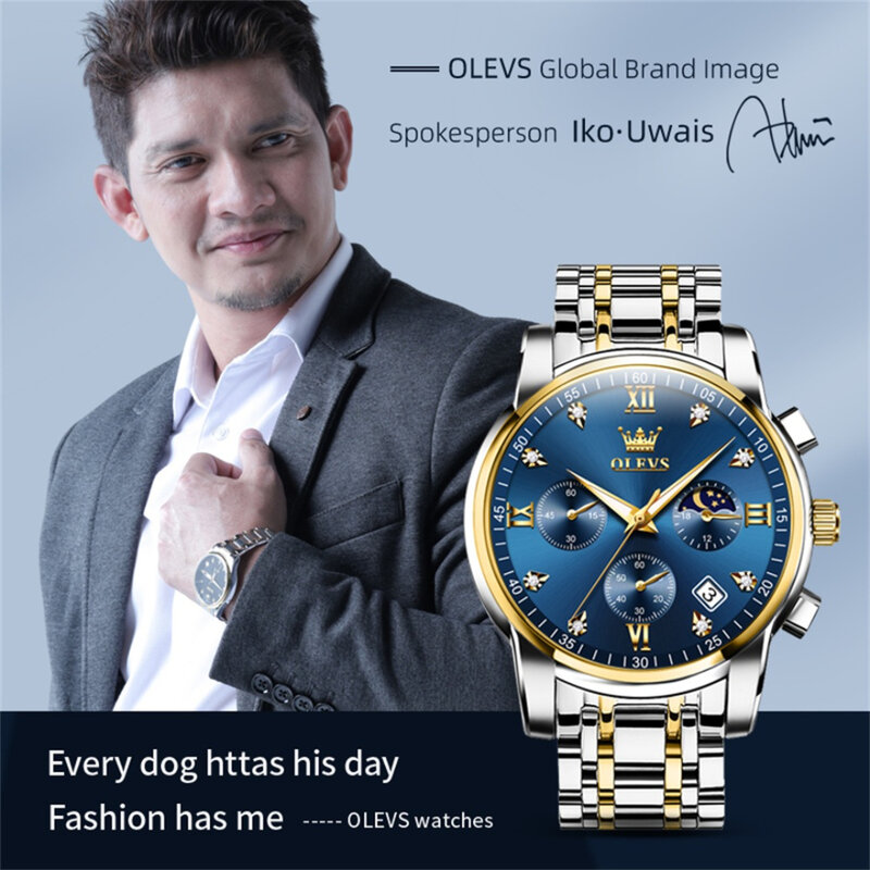 OLEVS jam tangan Stainless Steel, arloji 2858 Quartz hadiah, gelang Stainless Steel, putaran-dial fase bulan konograf kalender