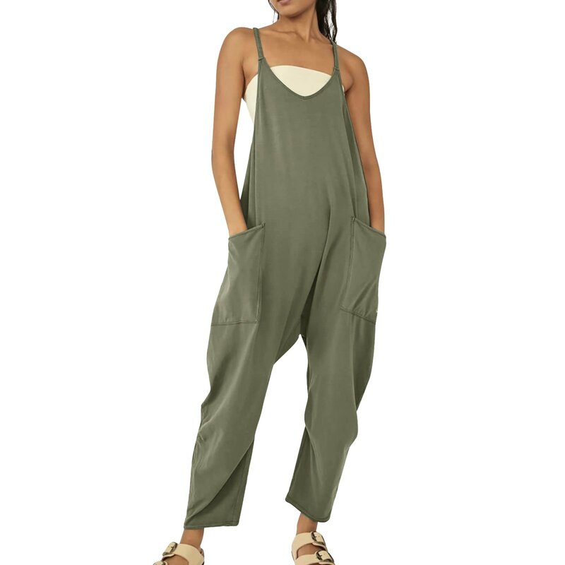 Women Casual Jumpsuit Summer Solid Loose Wide Leg Pants Bib Overalls Fashion Pocket Sleeveless Strap Baggy Rompers Streetwear
