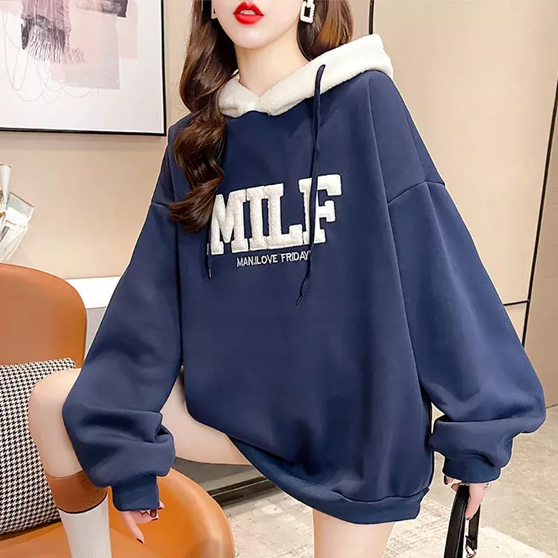 Hoodie wol domba motif huruf untuk wanita, Sweatshirt gaya Korea ukuran ekstra besar, pullover kasual musim gugur 2024 untuk wanita