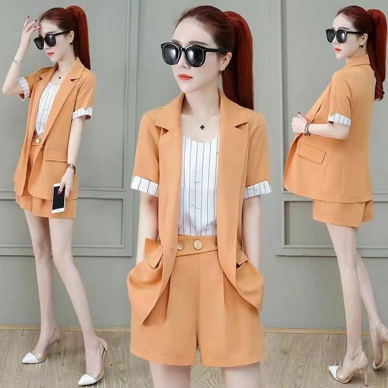Fashionable Women's Set New Korean Version High-end Stylish Thin Style Short Sleeved Shorts Professional Suit Three Piece