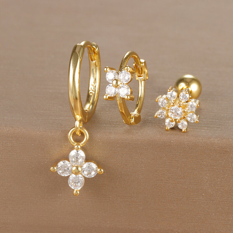 3 Stück Blume Zirkonia Creolen Set für Frauen Edelstahl Gold Farbe vielseitige Piercing Ohrring Modeschmuck