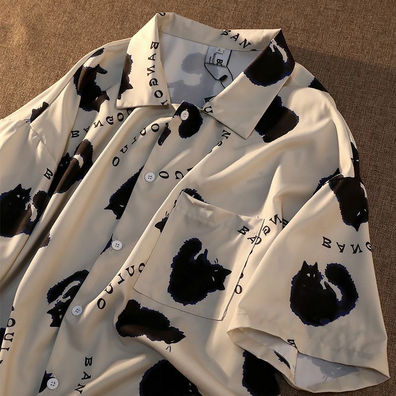 Camisa de graffiti de gato para mujer, ropa de marca de moda, manga corta, diseño suelto, nicho americano, Verano