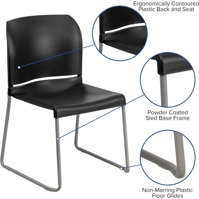 Chaise empilable profilée à dossier complet avec base de traîneau enduite de poudre grise, série HERToxic LES, noir, capacité de 880 lb, 5 paquets