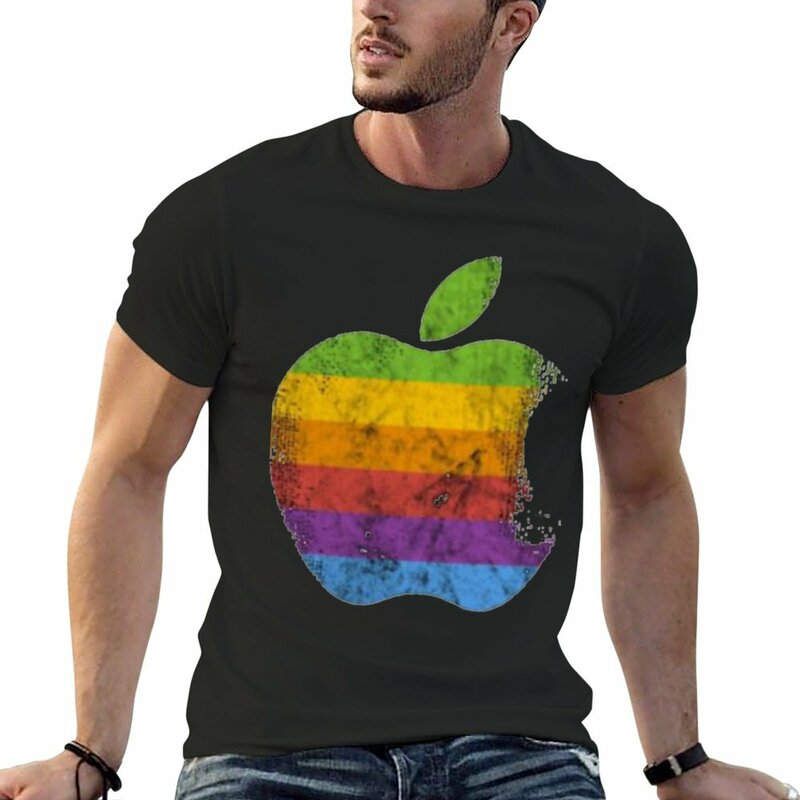 남성용 애플 레트로 로고 클래식 티셔츠, 빠른 건조 셔츠, 블랙 일반 티셔츠, 신제품
