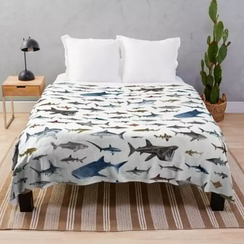 Couverture de lit à carreaux avec affiche de requin blanc, couvertures chaudes pour la sieste, adt