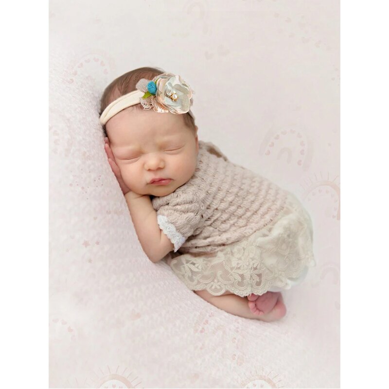 Infant Photography Outfits Newborn Lace Trim Dress for Shooting with Headband New Born Baby Picture Idea Photo Props