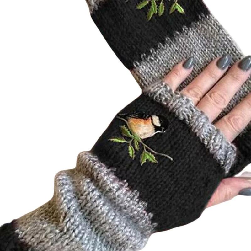 Women Winter Gloves Cute Bird Embroidered Soft Knit Hand Warm Fingerless Mitten For Office Computer Working X0g2
