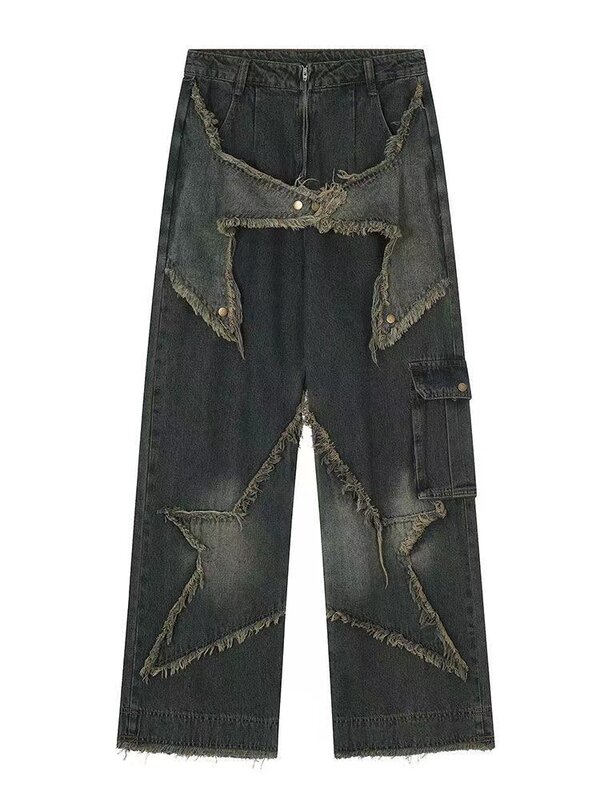 Star raw edge pattern Y2K jeans men's hip-hop pocket ultra-loose retro embroidered wide-leg pants Harajuku Gothic denim trousers