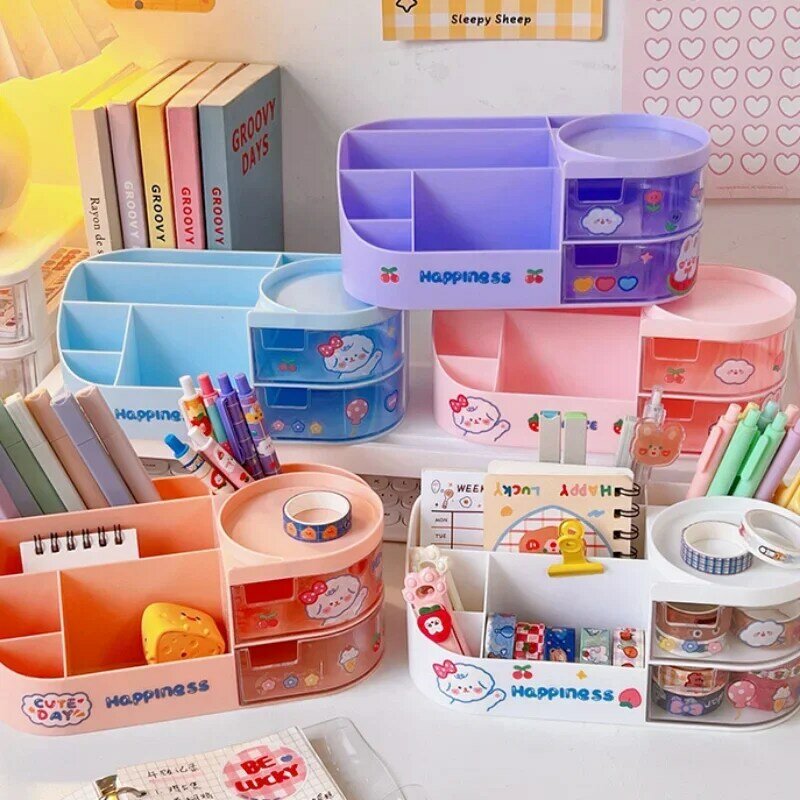 Porte-stylo de bureau Kawaii pour filles, boîte de rangement mignonne, porte-crayons, accessoires de bureau de retour à l'école