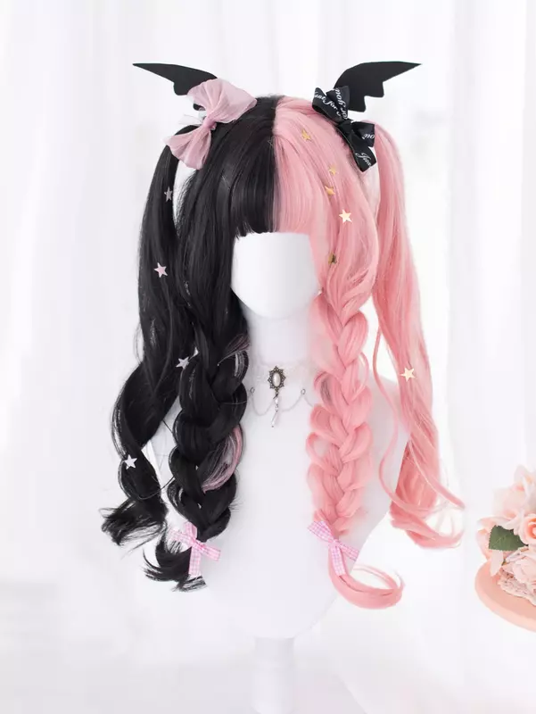 26Inch Black And Pink Color Synthetic Wigs With Bang Long Natural Wavy Hair Wig For Women Daily Use Cosplay Party Heat Resistant