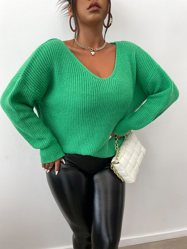 ONELINK Luxury Peacok Wool Solid Bright Green Plus Size Women's Sweater V Neck Sexy Knit Pullover Long Sleeve Flat Stitch Top