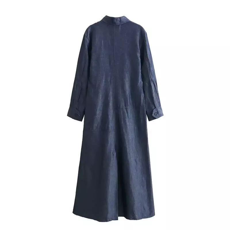 Женское свободное джинсовое платье-рубашка средней длины с длинным рукавом и пуговицами