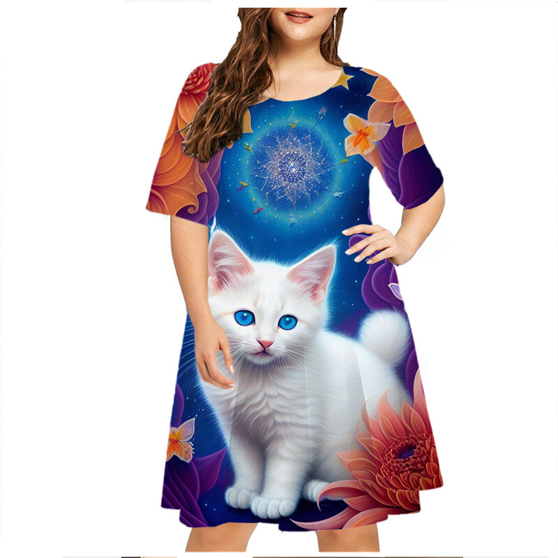 Robe d'été classique à motif de chat pour femmes, vêtements Hipster de rue, robe à manches courtes, grande taille, robe imprimée décontractée, mode
