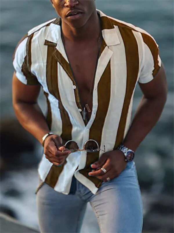 남성용 캐주얼 하와이안 셔츠, 짧은 소매, 5 색 스트라이프, 3D 프린트 단추 셔츠, 경량 오버사이즈 의류, 5XL, 여름